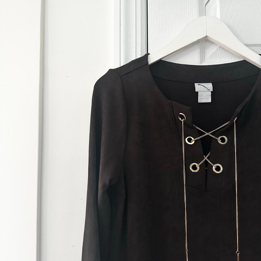 Travelers Chico's Chocolate Brown 3/4 Sleeve Slinky Tunic Top Laced Gold Chain 0 - Picture 3 of 7